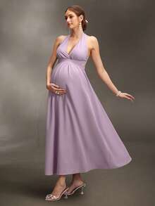 SHEIN Cherish Maternity 极简主义V领吊带镂空连衣裙，百褶长裙，紫色孕妇写真礼服，孕妇长裙，超长连衣裙，夏季度假连衣裙，夏季连衣裙，夏季服装，婚礼活动礼服，夏季 - 紫色 - 查看 5