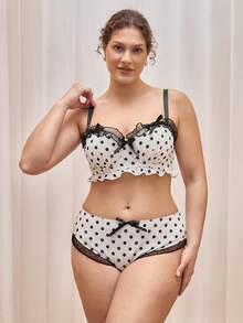 Bralution 2pcs Plus Size Bra Set With Molded Cup, Underwire, Mesh Inset, Ruffle Trim, Bow Accent, Lift & Enhance, Polka Dot Pattern  Cozy And Elegant Details - Black and White - View 4