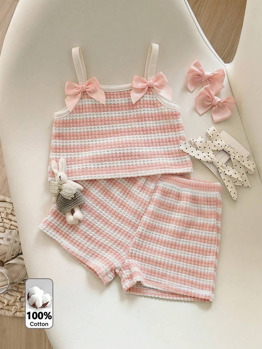 Bộ 2 món áo hai dây và quần short dệt kim kẻ sọc cho bé gái - Hồng - Xem 1