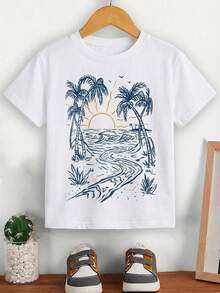Young Boy Casual Cartoon Pattern Short Sleeve Round Neck T-Shirt, Suitable For Summer Outfits Y2k Vacation Tendencias Ss26 Streetwear Burgundy Holiday Vintage Boho Festival Gras Party Cute Birthday Boys Modest Casual Cozy Beach Summer Tshirts T-Shirt With Graphic Print Palm Tree T-Shirt Beach Beach T Shirt Summer T-Shirts Kids T-Shirts Graphic T Shirt T Shirt For Kids Graphic Tees Boys Young Boys Clothes - White - View 5