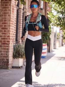 WanderVale Women's Sports Yoga Outdoor Gym Workout Set, 2 In 1 Contrast Color Long Sleeve Tight T-Shirt, Contrast Color V-Waist Tight Flare Pants Workout Two Piece Set - Black - View 1