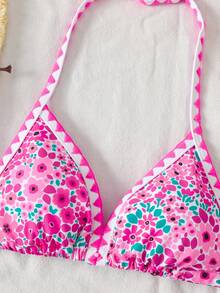 SHEIN Set Baju Renang Bikini Halter Motif Bunga Kecil Warna-warni untuk Anak Perempuan Remaja, Liburan Musim Panas, Liburan Pantai - MultiWarna - View 4
