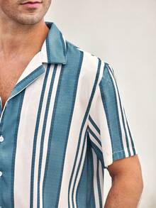 Mercer Haus Men's Casual Striped Short Sleeve Shirt, Fashionable & Versatile, Collared, Full Front Button Design, Suitable For Business, Work, And Leisure Wear - Blue - View 7