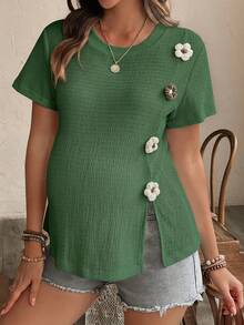 Áo thun bầu tay ngắn dệt kim jacquard dễ thương, thoải mái, họa tiết hoa, thích hợp mặc thường ngày. - màu xanh lá - Xem 1