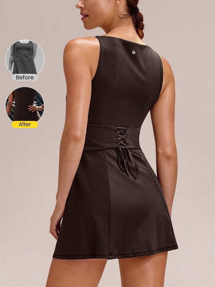 Sporty Knit Sunshine Ready Removable Cups Pockets Back Drawstring Waist Boatneck Strapless Tennis Dress With Anti-Slip Built-In Shorts Tennis Golf Pickleball Daily Casual Wear
