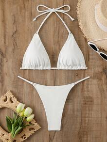 Swim Vcay Women's Summer Beach Solid Color Halter Neck Bikini Set With Separated Bikini Set - White - View 3