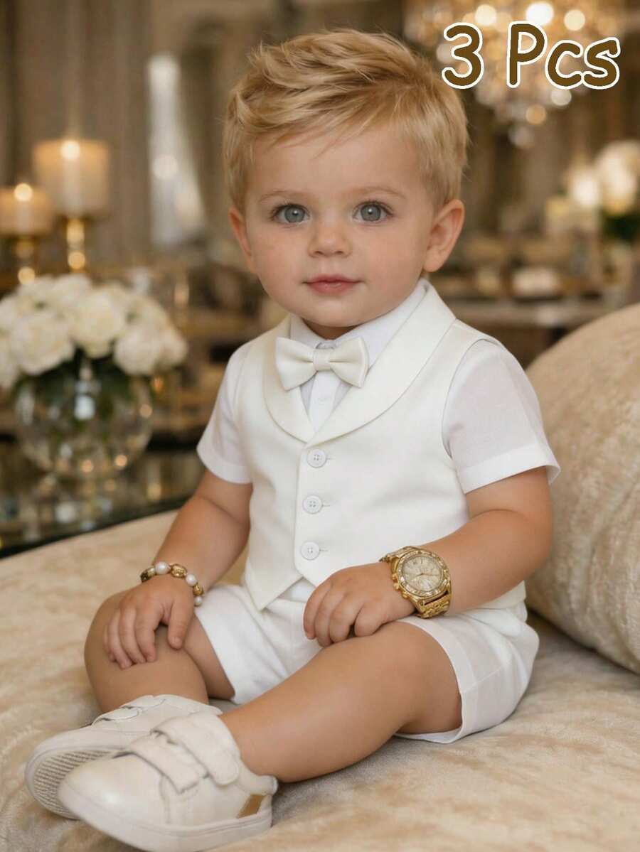 SHEIN Bộ quần áo lịch lãm 3 món cho bé trai, gồm áo sơ mi trắng tay ngắn, áo vest trắng và quần short trắng, thích hợp cho các dịp lễ, đám cưới, lễ rửa tội, tiệc mừng em bé chào đời, sinh nhật lần thứ nhất. - trắng - Xem 1