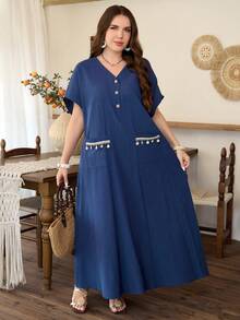 Lacomfia Navy Blue Linen Casual Loose Dress, Short Sleeve, Comfortable Daily Wear, Versatile, Wooden Button, Shell Tassel Decor, Plus Size Women - Navy Blue - View 8