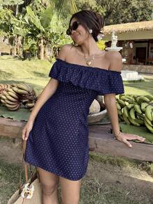 Vivid Eden Women's Casual Romantic Vacation Polka Dot Print Off Shoulder Dress, Spring/Summer,Dresses For Women Summer - Navy Blue - View 11