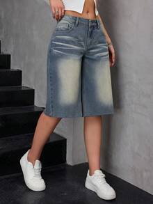 SHEIN Quần jeans nữ cạp thấp ống đứng dài đến 3/4, kiểu dáng thường ngày năng động, phù hợp với phong cách đường phố. - Rửa tối - Xem 1