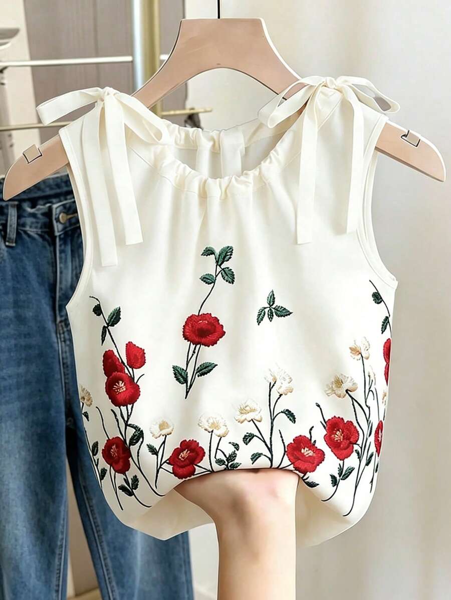 Franclia Áo tank top nữ cổ tròn xoắn họa tiết hoa, kiểu dáng thường ngày, thích hợp cho mùa hè. - trắng - Xem 1