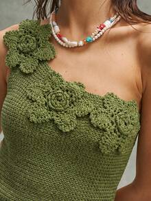 Bohemela Vacation Casual Solid Color 3D Floral Decor Knit One Shoulder Top - Green - View 9