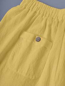 SHEIN EMERY ROSE CURVE Plus Size Washed Cotton Cinched Waist Backpocket Button Decor Short Casual Top - Yellow - View 3