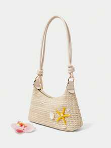 Bolso de Hombro Elegante de Moda Coreana, Bolso Bandolera Versátil para Uso Diario de Mujeres - Bolso de paja blanco con rayas horizontales y estrella de mar amarilla. - Ver 7