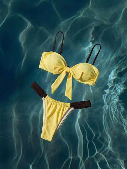 Anewsta Bộ bikini nữ mùa hè đi biển, phối màu tương phản, thắt nút phía trước.