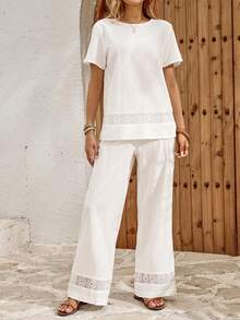 EMERY ROSE Women's Lace Patchwork Cotton Camisole And Pants 2 Pieces Set, Spring/Summer,Summer Outfits For Women - White - View 4