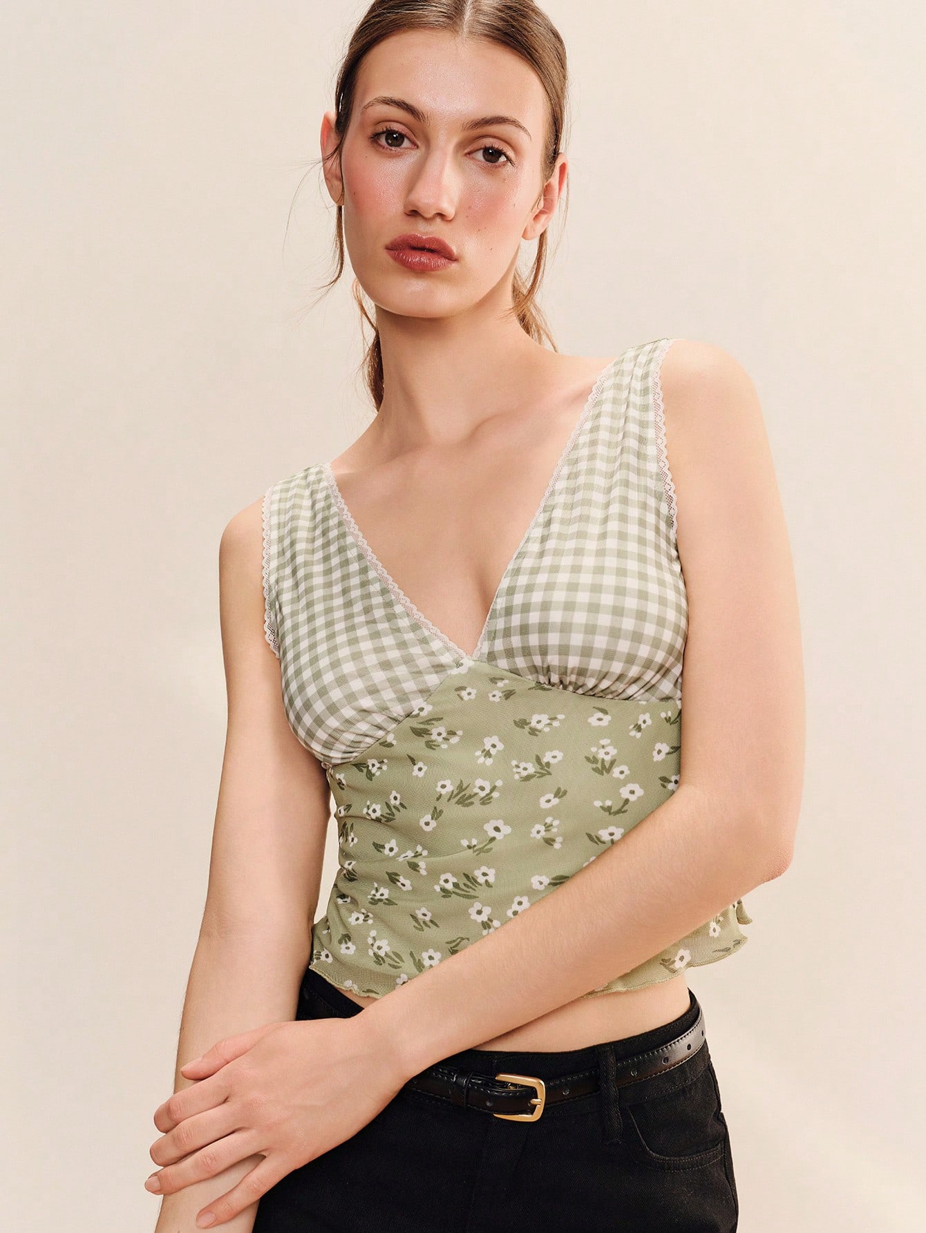 Green Mesh Fitted Top Mixed Print Floral And Check Print And A V-Neckline Vneck Top Checkered Top Vintage French Style Top Casual Holiday Top