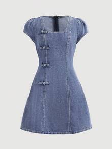 SHEIN Đầm ngắn ôm dáng cổ vuông bằng vải denim xanh có đính cúc dành cho bé gái - Rửa trung bình - Xem 3