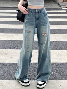 Quần jean denim nữ kiểu dáng thường ngày, bạc màu và rách - Màu xanh lam - Xem 3