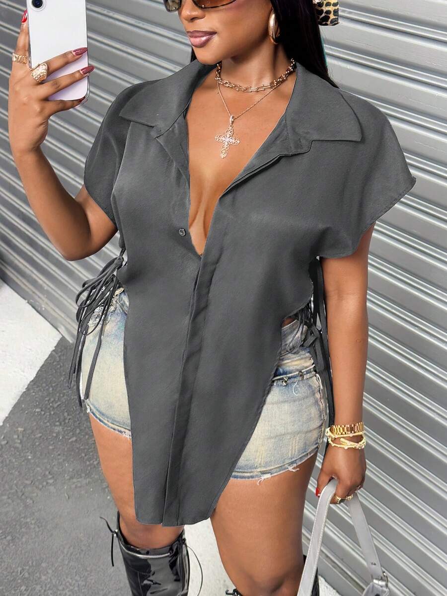 Plus Size Turndown Collar Hidden Placket Side Hollow Bow Tie Elegant Sexy Blouse - Dark Grey - View 1