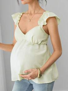 SHEIN Top de maternidad versátil de unicolor con cuello en V, mangas volantes y espalda descubierta para el verano - Amarillo - Ver 6