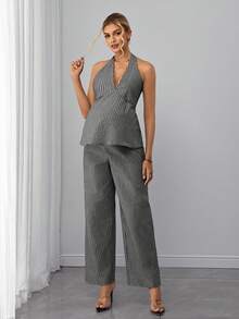 Momance Set de maternidad de 2 piezas: Top con escote halter, lazo en la espalda y pliegues en A + Pantalones rectos a rayas - Negro - Ver 4