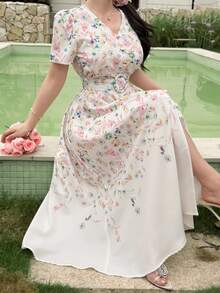 Feyla New Arrival French Romantic Floral Print Cinched Waist Elegant Dress, Suitable For Daily, Vacation, And Gatherings - Multicolor - View 2