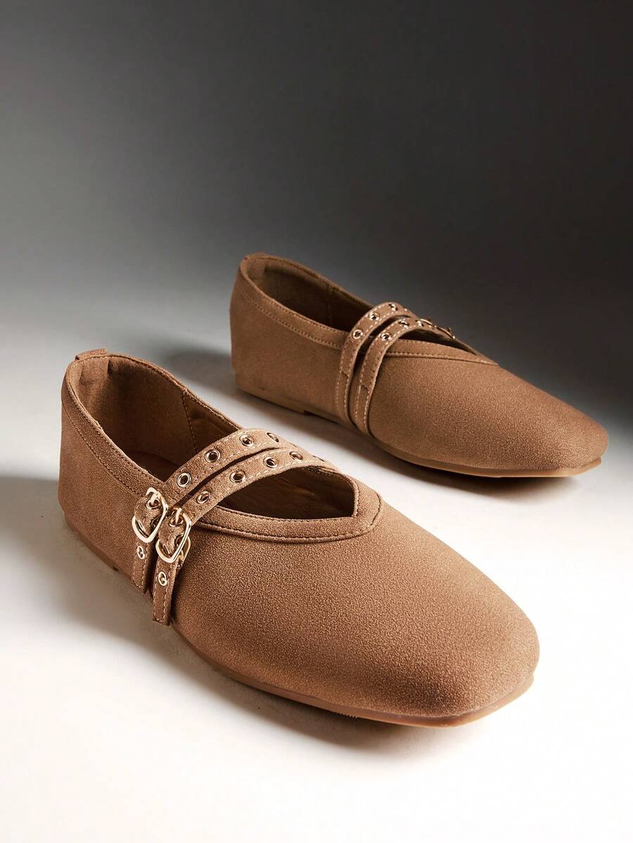 Solezae Giày búp bê nữ UrbanMuse Mary Jane mũi vuông cổ chữ V bằng da lộn giả màu nâu nhạt, quai cài đôi – Chất liệu mềm mại, sang trọng và thoải mái cho mọi ngày. - Màu be - Xem 1