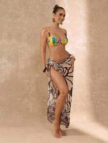 Lumalex Artistic Asymmetrical Print Amber Bead Side Ring Decor Spaghetti Strap 2 Pieces Bikini Swimsuit - Yellow - View 5