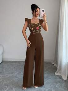 GlowEve Women's Floral Print Square Neck Cap Sleeve Wide Leg Elegant Jumpsuit - Coffee Brown - View 3