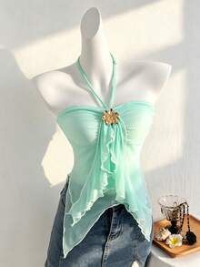 SHEIN Sparklyn Top camisole sans bretelles vert menthe élégant d'été pour adolescentes, top court sans manches à ourlet asymétrique à volants, chemisier transparent à col décoré de fleurs pour les vacances - Bleu azur - Voir 9
