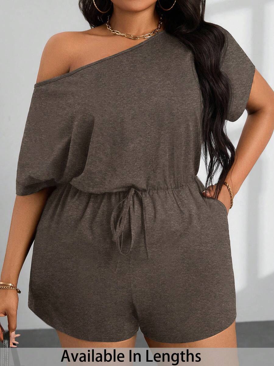 SHEIN PETITE CURVE 女士加大码夏季休闲露肩短袖连体裤 - 摩卡棕 - 查看 1