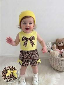 SHEIN Baby Girl Summer Apricot Leopard Print Set, Textured Sleeveless Top And Leopard Print Shorts With Apricot Bow Accent, Essential Daily Outfit - Multicolor - View 7