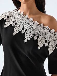 LYSMO 2026 New Arrive Minimalism Spring/Summer Women's Elegant Contrast Color Lace Patchwork Asymmetric Neck Tie Waist T-Shirt, Summer,Top Solid Color Contrast Lace Round Neck Fashion T-Shirt Summer Outfit For Women Casual Blouses For Women Ruffle And Lace Top Casual Outfit For Women,Summer Top - Black - View 7