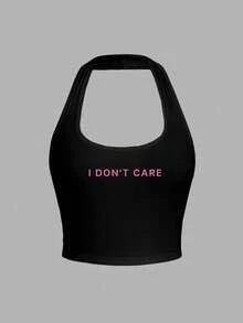 SHEIN EZwear 大码女式休闲黑色粉色字母印花紧身露脐吊带背心，适合夏季运动和户外活动 - 黑色 - 查看 1