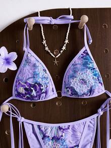 Bonvoyette Women's Sexy Sequin Halter Bikini Set, Suitable For Beach, Vacation, Party - Mauve Purple - View 3
