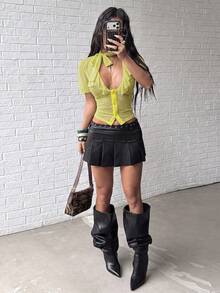 Jeanoix Women's Sexy Elegant Deep V-Neck Elastic Mesh Fitted Blouse Club Night Lime Green Summer - Yellow - View 5
