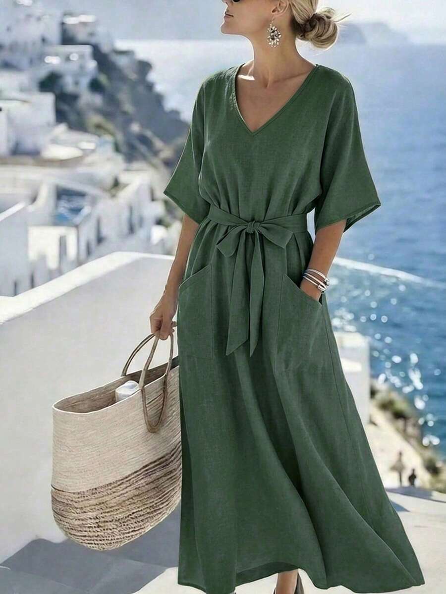 SHEIN Holidaya 女款春夏新款寬鬆收腰口袋休閒日常度假派對中長洋裝,短袖 - 綠色 - 查看 1