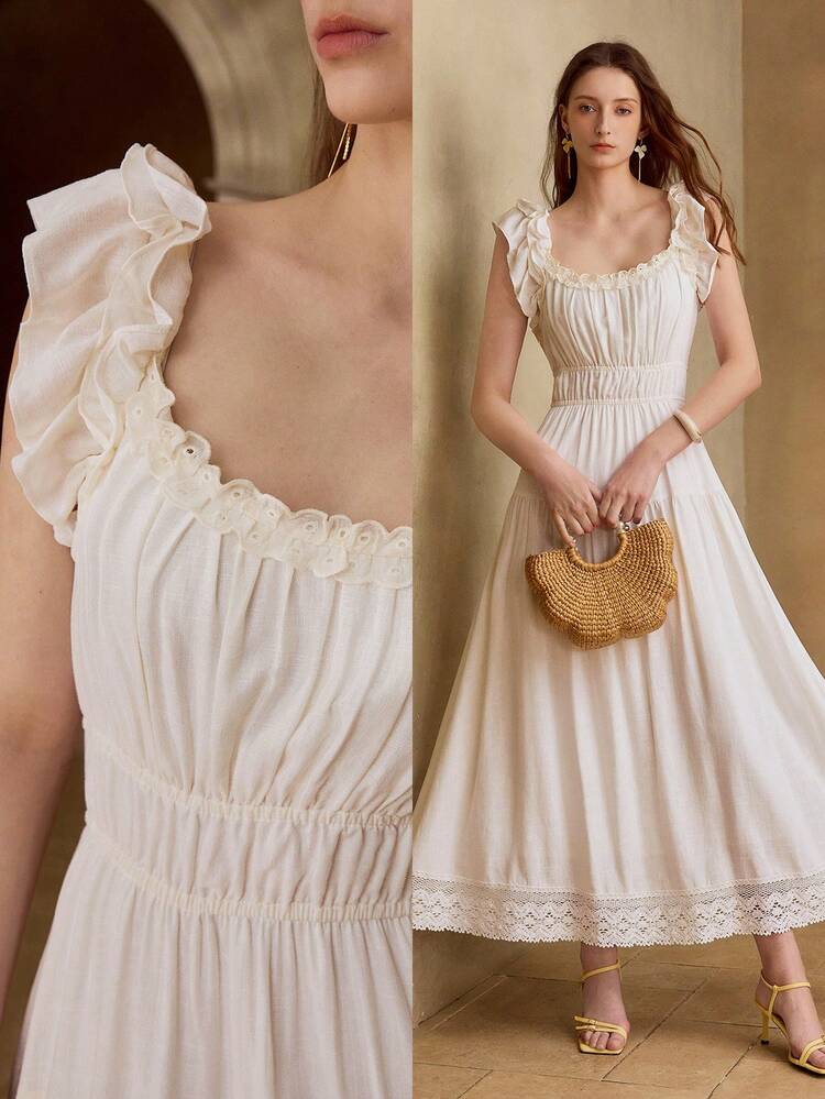 WOMEN'S LINEN WAIST CINCHED FLARED DRESS, SPRING/SUMMER