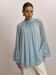 ATUI Studio Women's Light Blue Raglan Flare Sleeve Loose Fashion Blouse Tea Party Summer Elegant - Baby Blue - View 4
