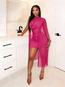 BamGleam Vestido negro de mujer sin mangas con escote pronunciado - Rosa Fucsia - Ver 1