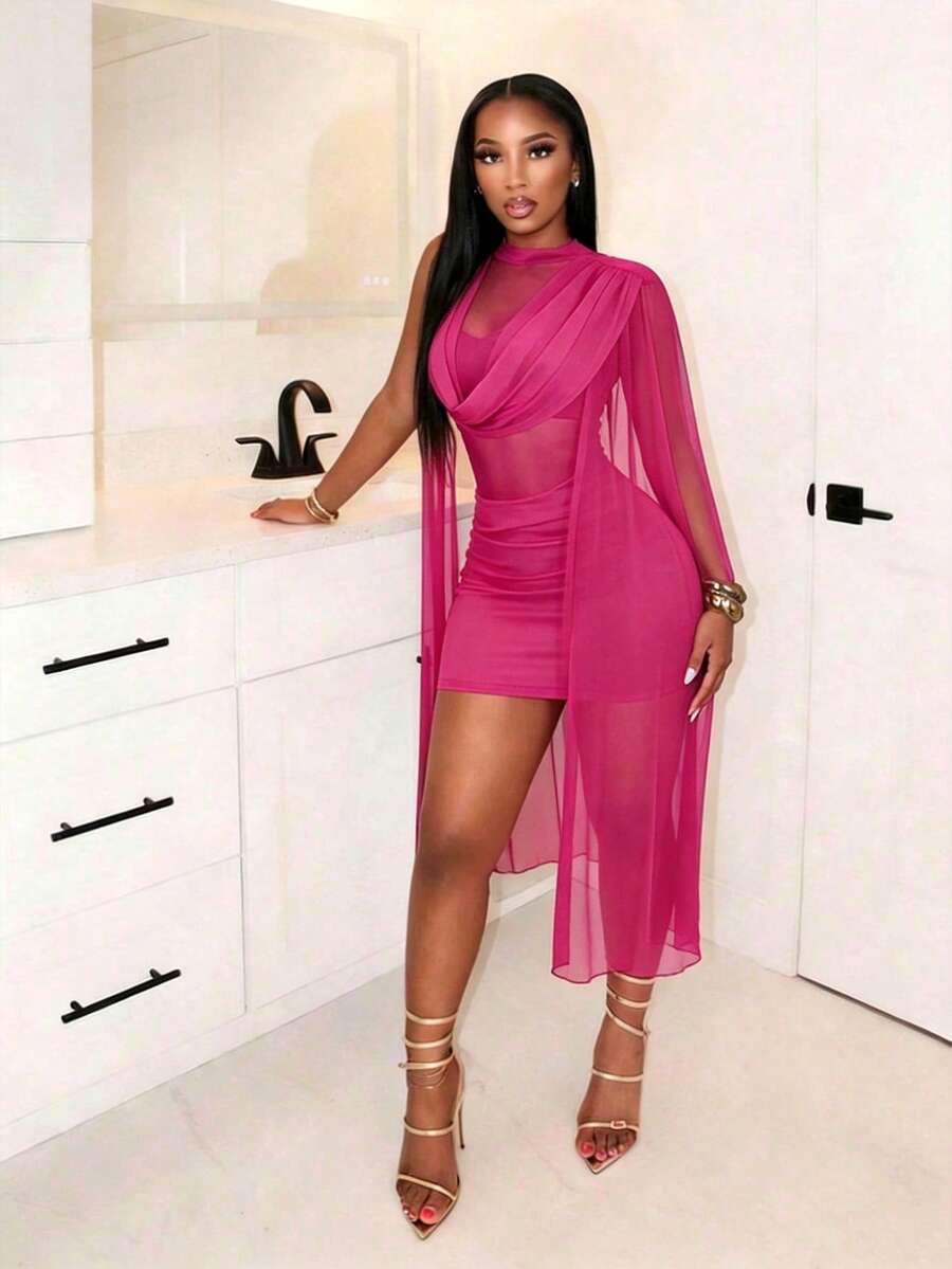 BamGleam Vestido negro de mujer sin mangas con escote pronunciado - Rosa Fucsia - Ver 1