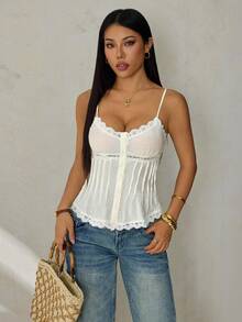 SHEIN PETITE Damen einfarbige Spaghettiträger Spitzenbesatz plissierte Sommerbluse, Petite Damen - Aprikosenfarben - Übersicht 3
