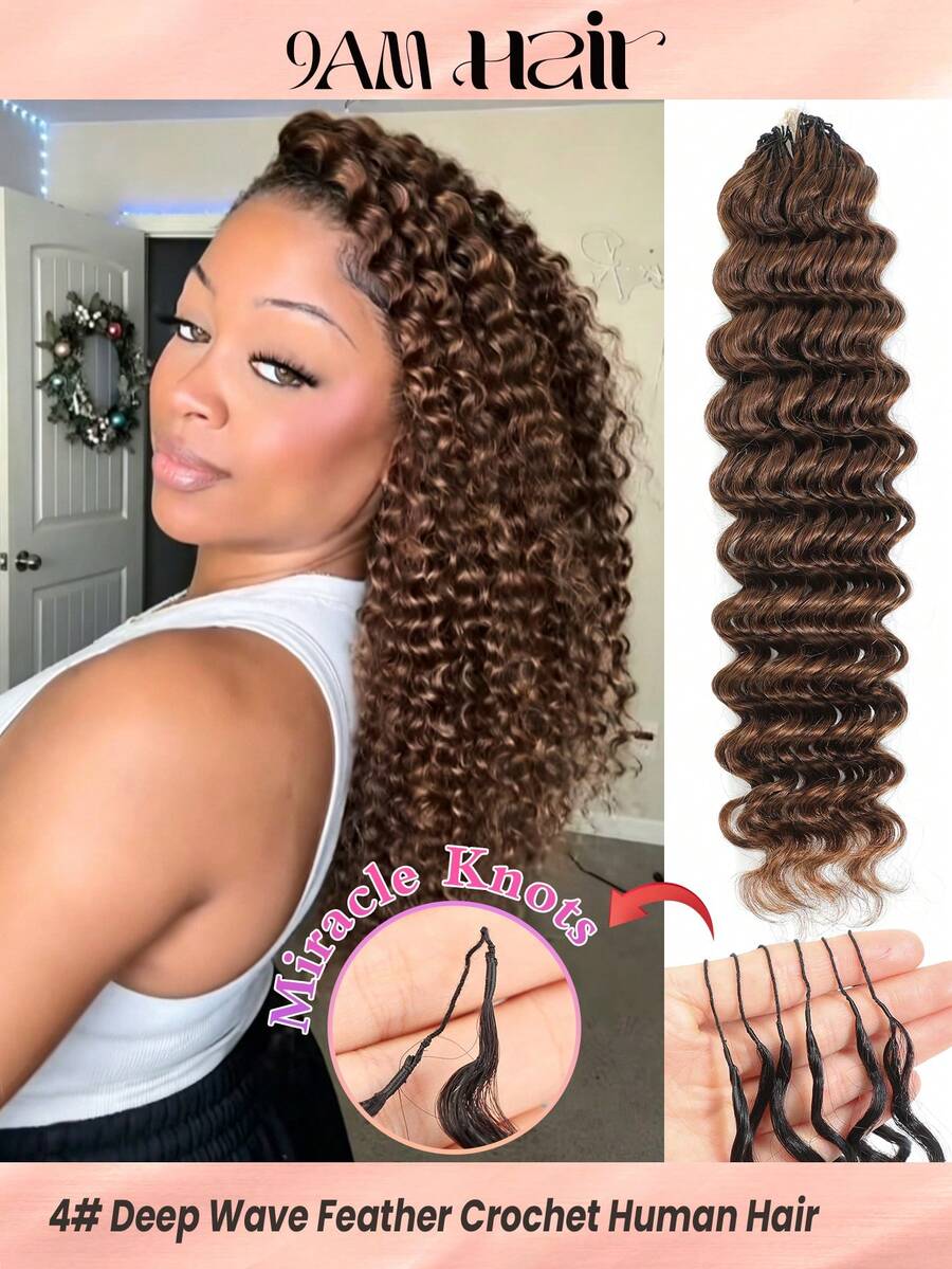 Boho Braids Miracle Knots 100% Remy 真人发钩编发,羽毛线钩编发辫,沙龙级丝滑无缝隐形纯色 4# 中棕色红棕色羽毛钩编真人发辫,适合发量较少的女性,微预环深波浪处女发接发 - S4# - 查看 1