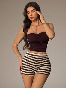 SHEIN Tall Pantalones cortos casuales de mujer con cintura elástica a rayas, conjuntos escolares para niñas, blusas para salir, atuendos de festival - Café integral - Ver 3
