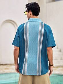 Mercer Haus Retro Geometric Contrast Color Textured Print Men's Lightweight Loose Button Pocket Short Sleeve Shirt - Blue - View 2