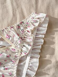 CottageSlumber Floral Heart Ditsy Floral Colorblock Floral Lace Satin Ruffle Hem Ruffle Trim Bow Countryside Romantic Open Back Women's Panties - White - View 4