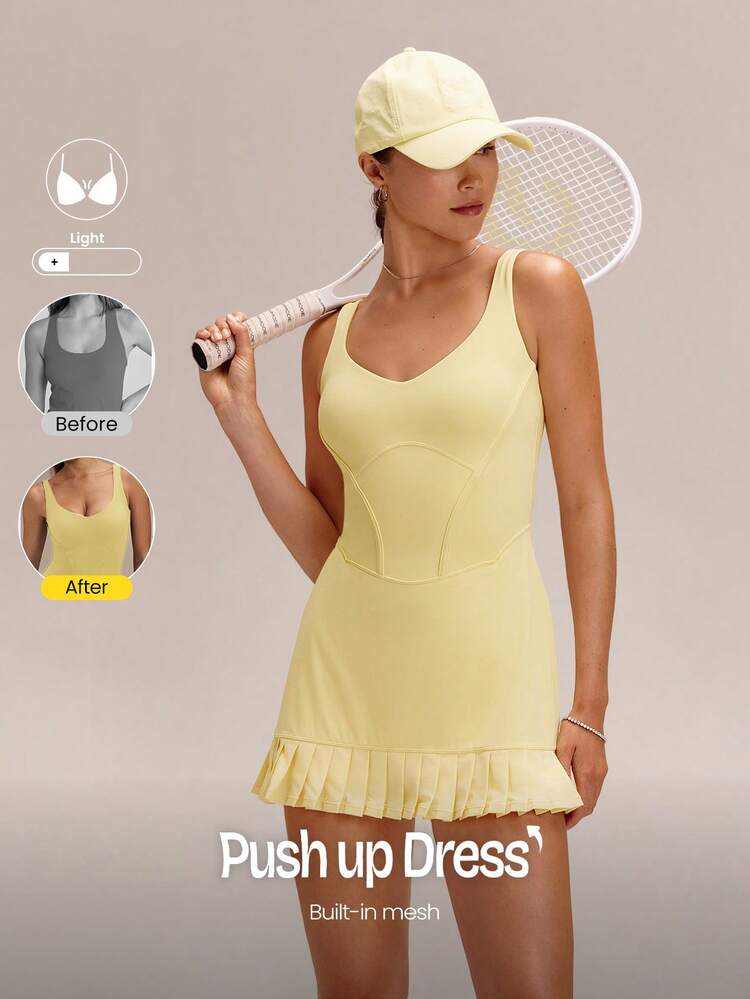 FeatherFit™-Air Double Time Buttery-Soft Stretchy Sweat-Wicking Pleated Mini Skirt With Built-In Shorts Side Pockets Non Slip Grips & Tummy Control Open Back Bodysuit Low Impact Tennis Golf Pickleball Daily Casual Wear