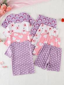 3套/6件装 女童幼儿白色、粉色、紫色花卉、爱心、彩虹、波点可爱印花柔软贴身短袖上衣和短裤睡衣套装 - 彩色 - 查看 3