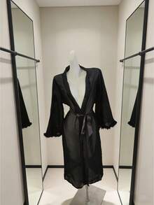 Women'S Sexy Summer Long Sleeve Robe - Deep V-Neck With Tie Waist, Long Flowy Design For Home & Casual Wear, Comfortable Clothing | Deep Vneck Robe - Black - View 11
